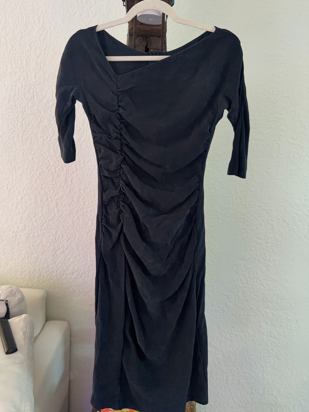 Morgane Le Fay Black Ruched V-Neck Midi Dress